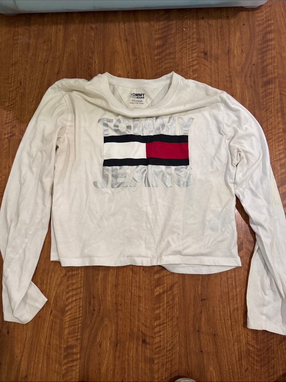 Tommy Hilfiger White Long-Sleeve Logo Tee with Red & Navy Stripe